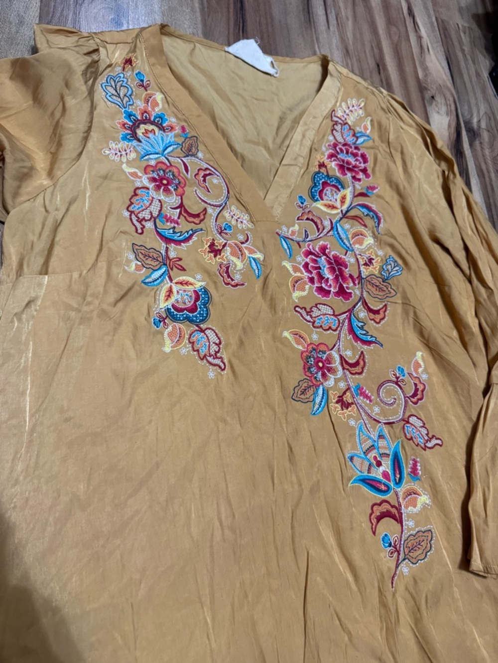 Savanna Jane Mustard Embroidered V-Neck Tunic with Multicolor Floral Detail